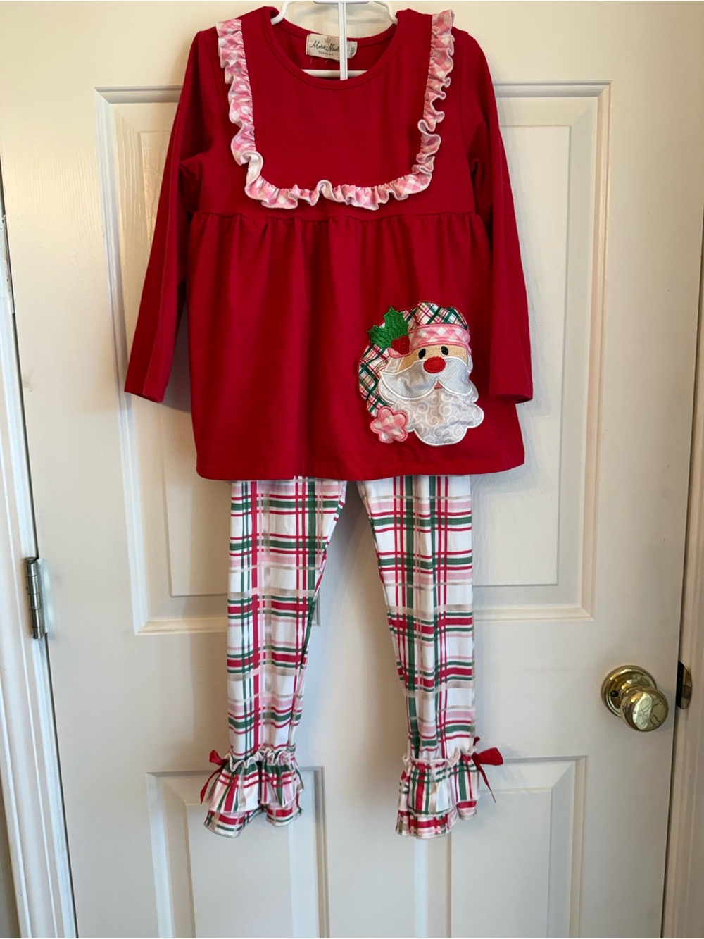 Girls Red Santa Ruffle Pajama Set - Matching Top & Plaid Pants